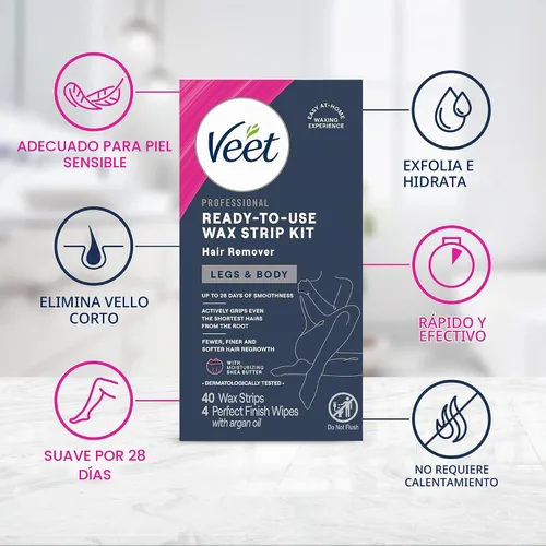 Vista 2 de VEET Tiras de cera de azúcar para depilación corporal de mujer, kit de depilación de bikini, púbico, dermatológicamente probado para áreas