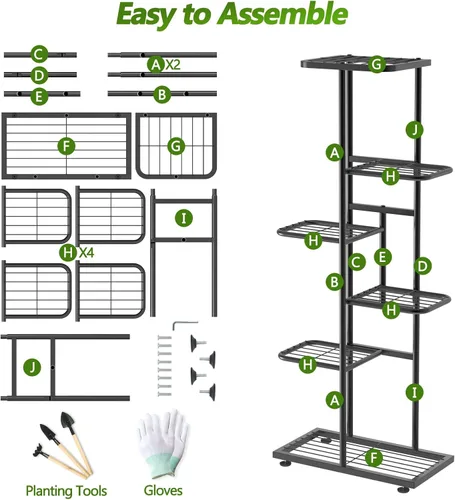 Vista 7 de Soporte de metal para plantas de 6 niveles y 7 macetas para interiores con herramientas de jardinería y guantes, organizador de estantes altos