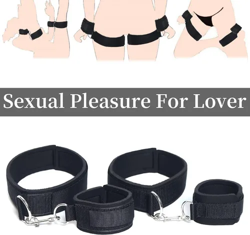 Vista 2 de Juego de esposas para adultos para restricciones de cama, sexo con correas ajustables, BDSM, puños para piernas y piernas, juego de correas