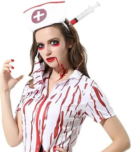 Vista 4 de Dzrige Accesorios de terror de Halloween, jeringa sangrienta, diadema de jeringa a través de la cabeza, diadema de jeringa aterradora