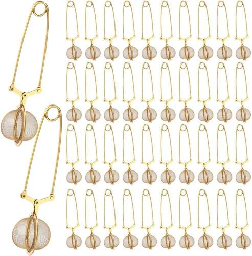 Vista 9 de Yinder Infusor de té de hojas sueltas, 20 unidades, malla de acero inoxidable, coladores de bola de té con broche con mango de metal (dorado)