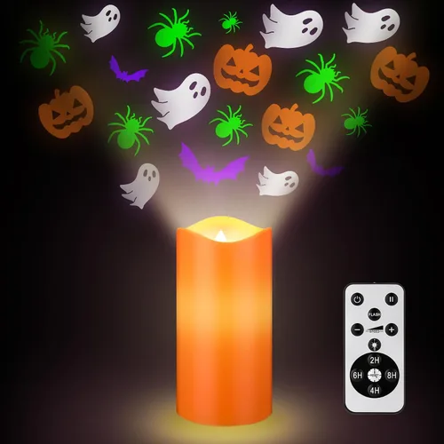 Vista 8 de Baquler Velas sin Llama con Proyector de Hojas de Arce Otoñales, Luces LED de Acción de Gracias, Luz Nocturna de Otoño con Control Remoto