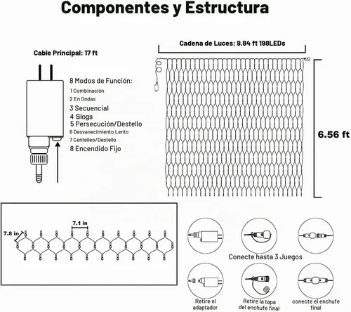 Vista 2 de 198 luces LED de 9.8 pies x 6.6 pies enchufables, 8 modos de iluminación de malla conectables, luces de red de Navidad impermeables al aire libre