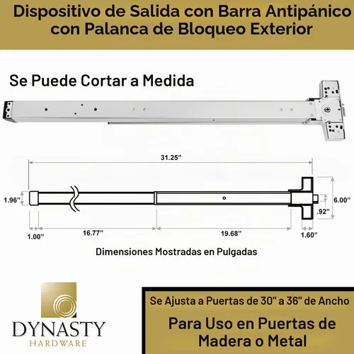 Vista 5 de Dynasty Hardware dispositivo de salida de pánico, barra para empujar, de aluminio, con palanca exterior