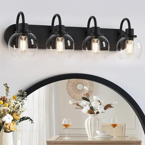 Vista 11 de Dpyrrhic Moderna lámpara de tocador de 2 luces, accesorio de iluminación de baño sobre espejo con pantalla de vidrio transparente y base de metal