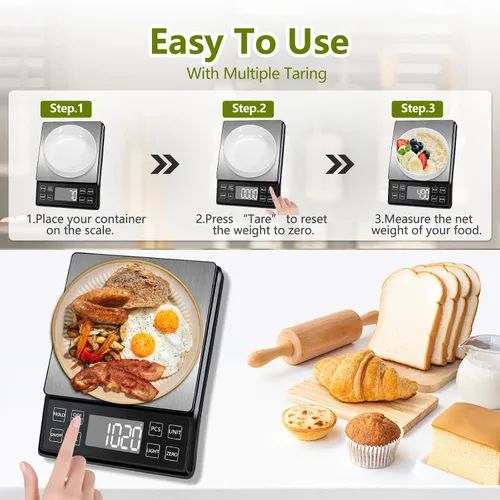 Vista 3 de Báscula digital de alimentos con 0.01 oz/0.1 g de alta precisión, báscula de cocina de 11 lb/5 kg de capacidad, USB-C recargable, LCD con luz