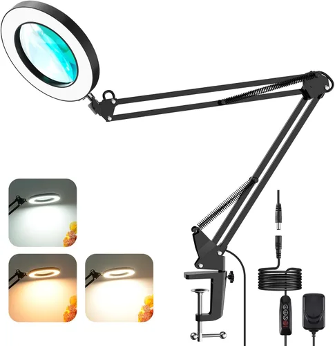 Vista 6 de Youkoyi - Lámpara LED de aumento con brazo basculante metálico - 10 niveles de brillo, 3 modos de color, aumento de 5X, lente de vidrio de 4.1