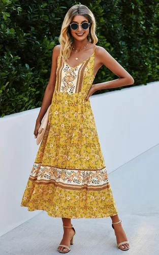 Vista 3 de Angashion - Vestido largo, diseño floral, ajustable con tirantes delgados, cuello en V, bohemio, para verano, playa, étnico y holgado, para mujer