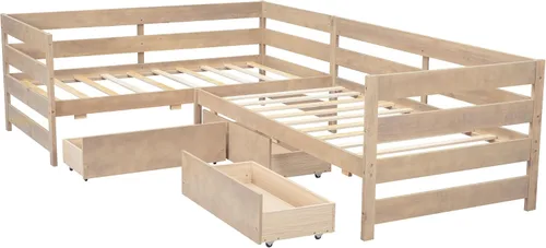 Vista 6 de Cama de plataforma de tamaño individual, cama individual en forma de L con tres cajones de almacenamiento, natural