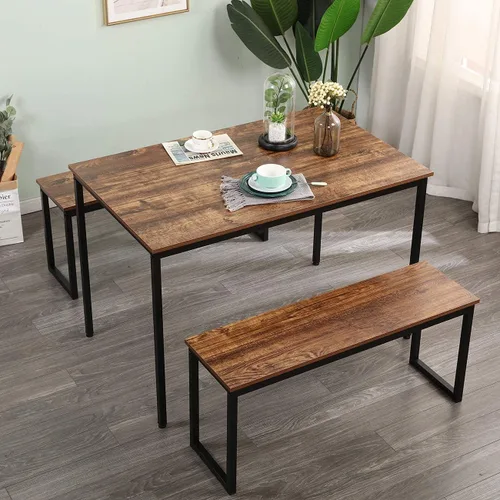 Vista 4 de SDHYL Juego de mesa de comedor de 45 pulgadas con 2 bancos, juego de mesa de comedor para 3, mesa de comedor rectangular pequeña de madera con 2