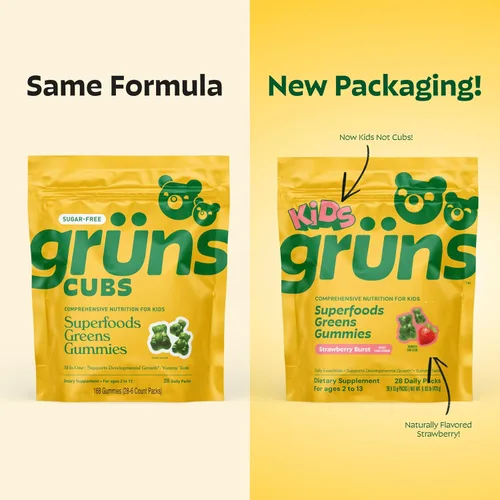Vista 2 de Gruns Multivitamínico para niños, gomitas Super Greens, más de 20 vitaminas y minerales, espirulina, clorella, alfalfa, fibra prebiótica