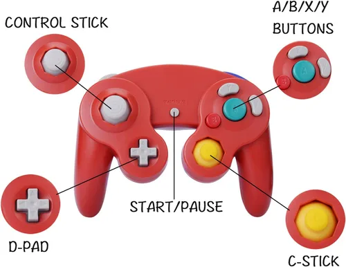 Vista 2 de Paquete de 2 controladores con cable Classic Shock Joypad, compatibles con Wii NGC Gamecube Game Cube (rojo y azul)
