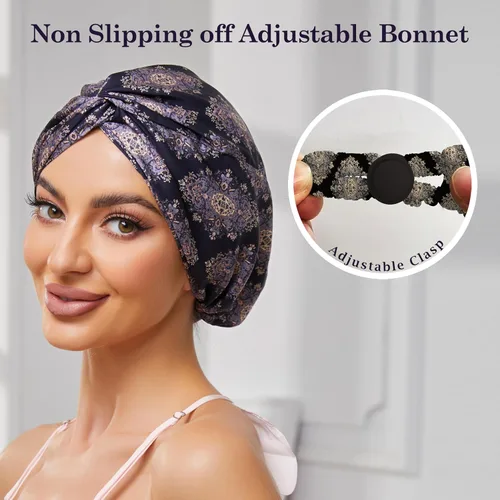Vista 14 de Gorro de satén de seda ajustable para envolver el cabello para dormir, gorro de dormir de doble capa, turbante nocturno para cabello largo y rizado