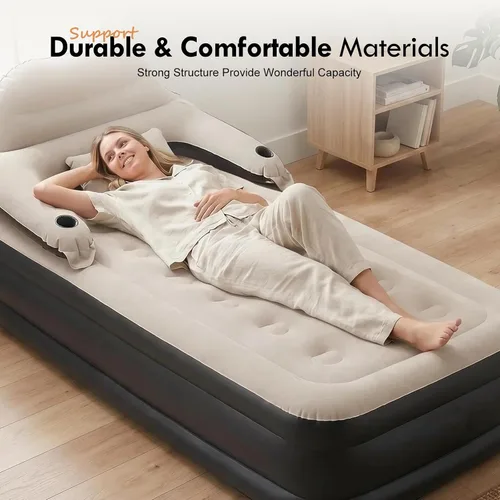 Vista 4 de DIMAR GARDEN Colchón de aire tamaño individual con cabecero y bomba, colchón hinchable cama inflable con almohadas