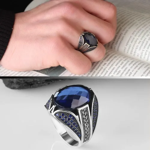 Vista 2 de 925 Sterling Silver Men Silver Ring with Sapphire GemStone, Handmade Engraved Silver Ring, Gift for him, Minimalist Silver Ring
