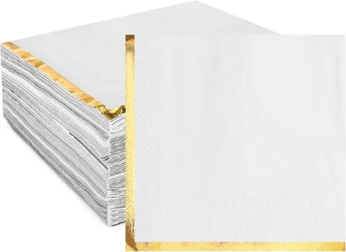 Vista 10 de Fulmoon Paquete de 100 servilletas de cóctel de papel de 2 capas con borde de lámina dorada para bebidas, postre, servilletas de papel desechables