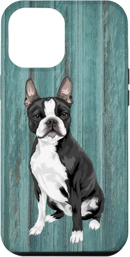 Vista 26 de Boston Terrier Faux Blue Wood Background Case for iPhone 17