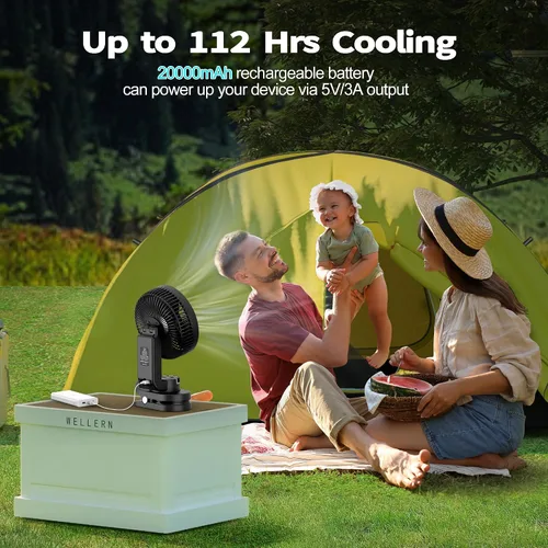 Vista 2 de AMACOOL Ventilador de campamento a pilas con luz, ventilador recargable de clip de 20000 mAh con gancho y pantalla digital, 112 horas