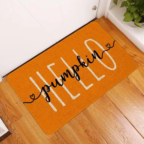 Vista 6 de Mloabuc Felpudo decorativo de otoño naranja con texto divertido de calabaza de bienvenida, tapete para interiores, decoración creativa de temporada
