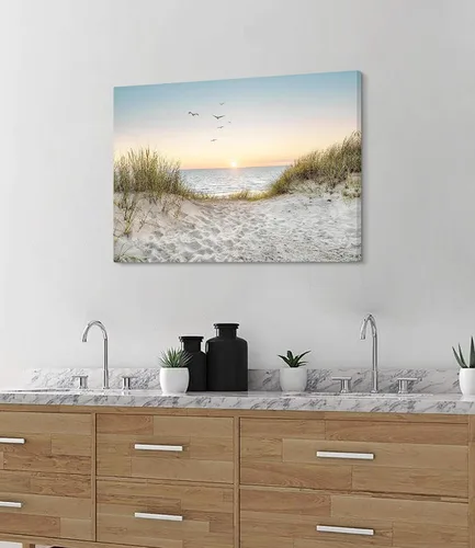 Vista 5 de Arte de Pared de Playa en Lienzo para Baño: Obra de Arte Impresa de Puesta de Sol Costera y Océano, Escena Marina Moderna, Imagen de Paisaje Marino