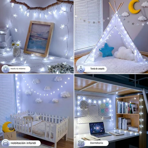 Vista 2 de HEYFUNi Guirnalda de luces de estrella USB y funciona con pilas, 16 pies, 50 luces LED con control remoto, 8 modos, 4 brillo y velocidad, luces