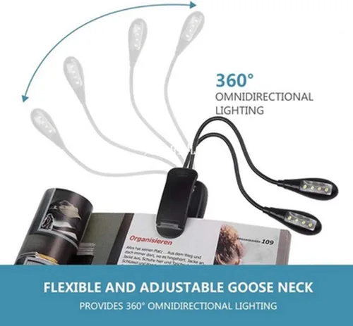 Vista 4 de 8 luces LED de soporte de música, 3 modos, luz de libro USB, luz blanca de doble cabezal, clip con batería, lámpara de lectura para proteger