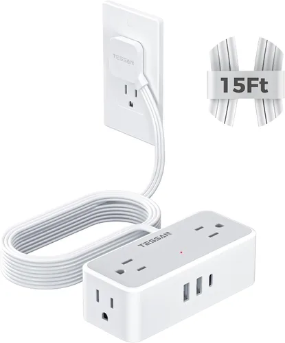 Vista 16 de Cable de extensión plano de 5 pies, TESSAN Regleta de protección contra sobretensiones con 4 tomas de CA ampliamente espaciadas, protección contra
