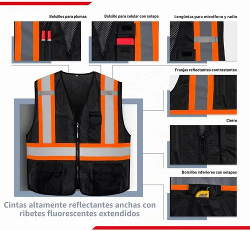 Vista 2 de KAYGO Chaleco de seguridad reflectante de alta visibilidad con bolsillos Negro