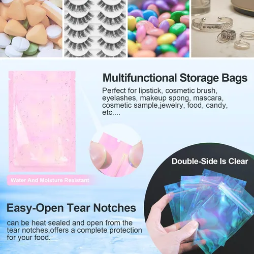 Vista 4 de Bolsa de embalaje resellable holográfica rosa transparente con cremallera para almacenamiento de alimentos, brillo de labios, pestañas, joyas