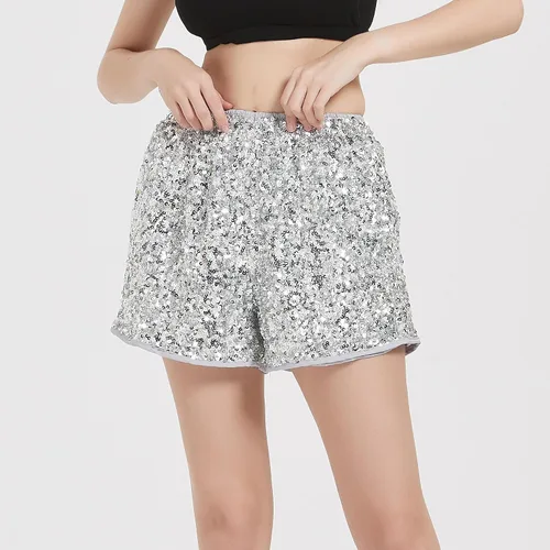 Vista 2 de Pantalones cortos de lentejuelas para mujer, talla grande, cintura alta elástica, brillante, para club, con purpurina, para fiestas, conciertos