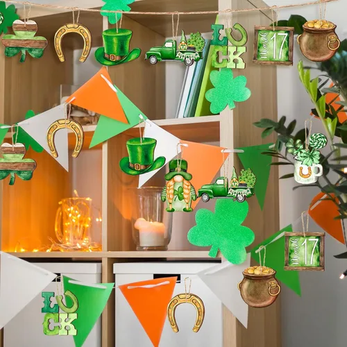Vista 6 de Spiareal 36 piezas Adornos de día de San Patricio en madera, adorno colgante de trébol verde, gnomo verde, camión, recorte de madera, decoración
