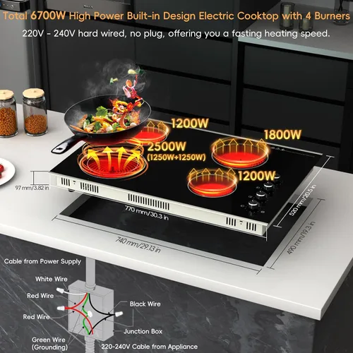 Vista 4 de Placa de Cocina Eléctrica de 30 Pulgadas 4 Quemadores, 6700W Estufa Eléctrica Radiante Integrada con Control de Perilla, Estufa Eléctrica