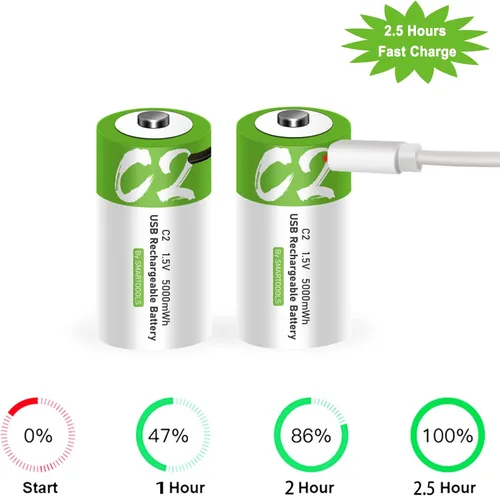 Vista 4 de Baterías C - Paquete de 2 baterías recargables C, batería de iones de litio de 5000 mWh, tamaño C, 1.5 V con cargador USB A a tipo C 2 en 1