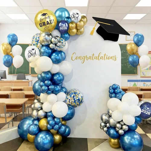 Vista 4 de Globos de graduación azules y dorados, 60 globos impresos con texto en inglés "Felicitaciones", 12 pulgadas, azul marino, blanco, azul, metálico