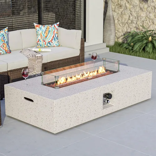 Vista 17 de COSIEST mesa cuadrada de propano para exteriores de arenisca con protector contra el viento, certificada, quemador de acero inoxidable de 50,000