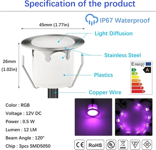 Vista 3 de Kit de luces LED que cambian de color con transformador y control remoto, paquete de 10 luces IP67 impermeables Φ1.77 pulgadas, 12 V, bajo voltaje