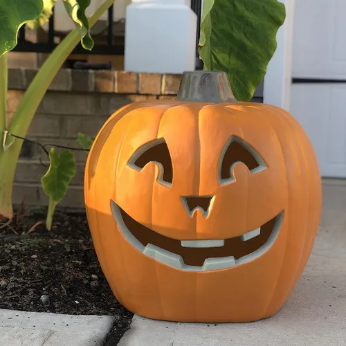 Vista 13 de iHomegarden Halloween Linterna de calabaza – Farol iluminado Jack O – Farol de calabaza preiluminado Forma de campana de 12 pulgadas.