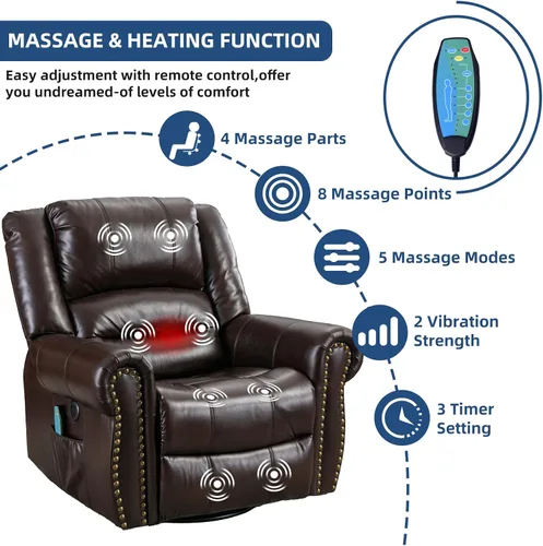 Vista 3 de Silla reclinable giratoria con calor y vibración, silla reclinable manual giratoria de 360°, silla reclinable mecedora de masaje con bolsillos