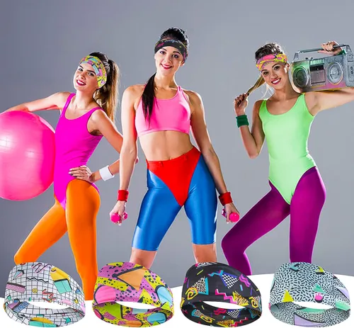 Vista 7 de 4 pañuelos para la cabeza con estampado retro de los años 80, bandana de neón para yoga, deportes, fiestas, accesorios para el cabello para mujeres