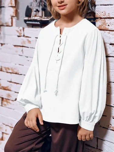Vista 2 de Makkrom Camisa de disfraces para niño, medieval, renacentista, Halloween, jacobita escocés, Ghillie, con cordones, para niños de 5 a 14 años