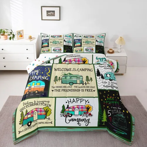 Vista 30 de Erosebridal Juego de edredón de cabaña de cabaña, juego de ropa de cama individual para niños, edredón de campamento con temática de campamento