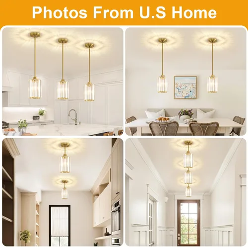 Vista 4 de Paquete de 2 luces colgantes para isla de cocina, modernas lámparas colgantes doradas, mini candelabro de cristal para isla de cocina, lámparas