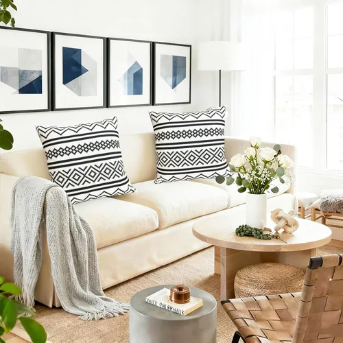 Vista 3 de Juego de 2 fundas de almohada decorativas negras boho 16x16 pulgadas, fundas de almohada de lino modernas estilo bohemia campestre para exteriores