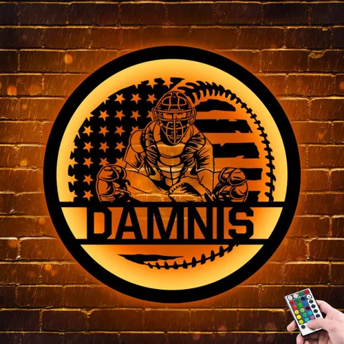 Vista 9 de Letrero de metal personalizado para jugador de béisbol con luz LED, nombre y número personalizado, arte de pared de béisbol, letrero de neón