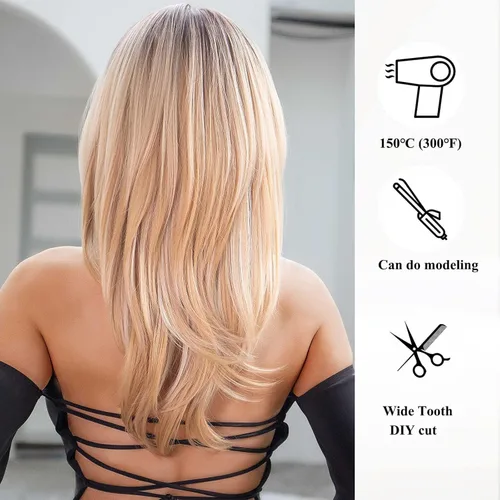 Vista 5 de HAIRCUBE Pelucas rubias degradadas con flequillo, longitud al hombro, peluca rubia ceniza para mujer, pelucas en capas, raíces oscuras, pelucas