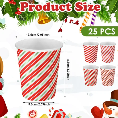 Vista 3 de Hushee 100 piezas de tazas de papel desechables elegantes de Navidad - Tazas festivas de 9 oz con rayas de bastón de caramelo para chocolate