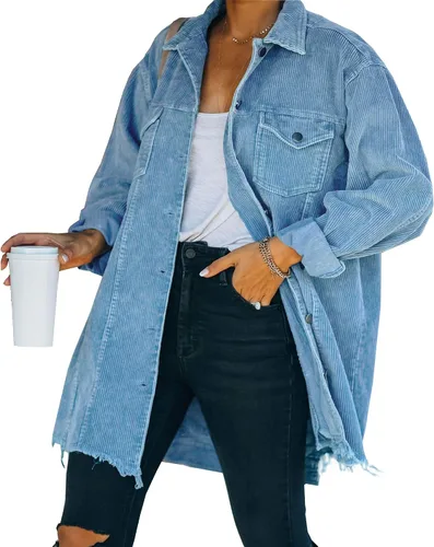 Vista 9 de Hixiaohe Chaqueta Camisa de Pana con Botones Holgada Casual para Mujer Abrigo Lavado Retro Shacket Verde militar