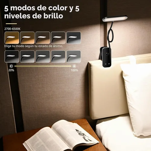 Vista 5 de Lámpara de escritorio LED recargable, luz de lectura con clip para cabecero