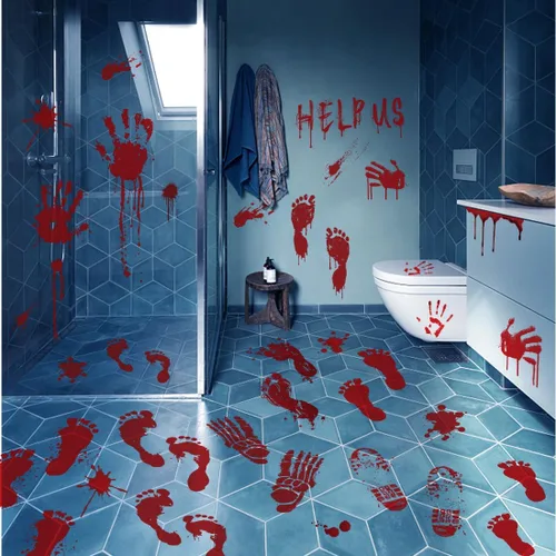 Vista 5 de Calcomanías de suelo con huella de mano sangrienta, calcomanías de pared de tamaño real, decoraciones de ventana de Halloween aterradoras