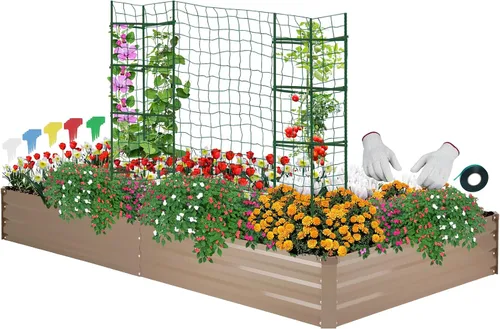 Vista 10 de ONCEMORE Cama de jardín elevada galvanizada para verduras, flores, hierbas, kit de cama de jardín elevada de metal con 2 jaulas de tomate, guantes